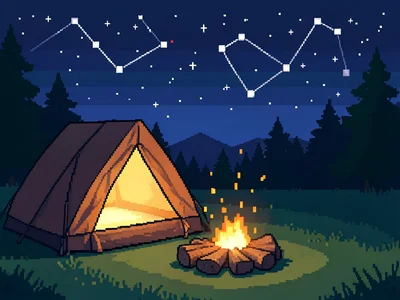 A pixel campsite at night: tent glowing from within, campfire with sparks, starr