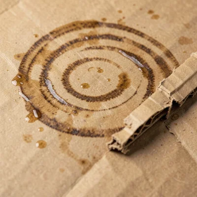 Corrugated cardboard surface with rain water stain rings, concentric tide marks 