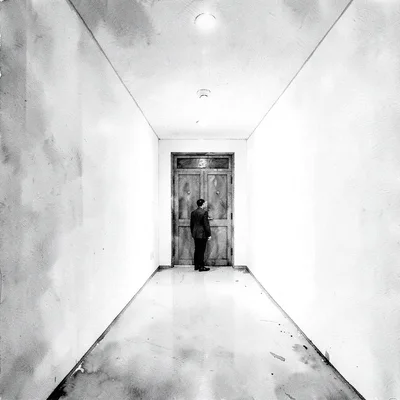 Stark minimalist composition, high contrast black and white tones, A closed door