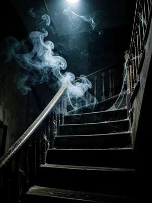 Staircase in old house, dusty banister, cobwebs, dim light from above