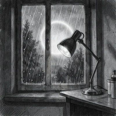 Vertical charcoal scene of rain streaking a window with a desk lamp halo behind