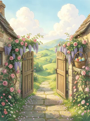 A cottage garden gate left open, leading to a stone path scattered with flower p