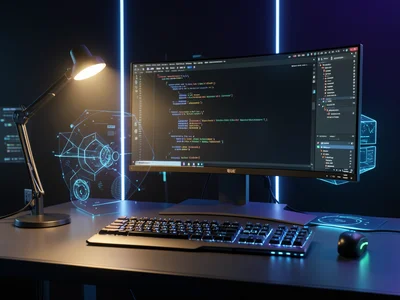 Developer workspace with ultrawide monitor showing code, mechanical keyboard, wa