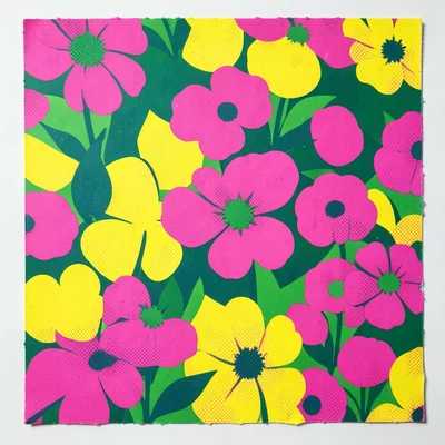 Memphis-style pattern of spring flowers in dayglo pink, yellow, and green