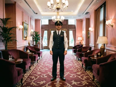 A hotel lobby in shades of pink and burgundy, velvet chairs, patterned carpet, a