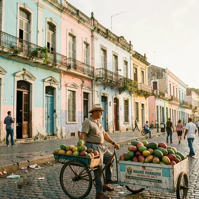 Faded pastel decay of Havana, Cuba, Fruit vendor with cart, mangoes and papaya, 