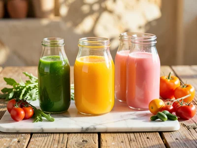 Fresh-pressed juice in glass bottles — green, orange, pink — lined up on white m
