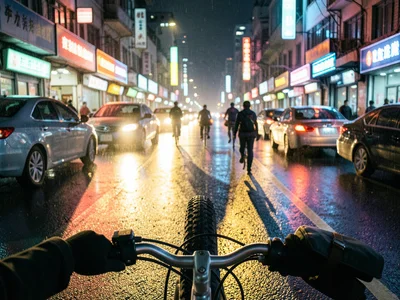 A bicycle commuter's perspective — handlebars and hands in riding gloves in the 