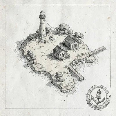 A nautical lighthouse-keeper's island plan with the lighthouse tower, keeper's c