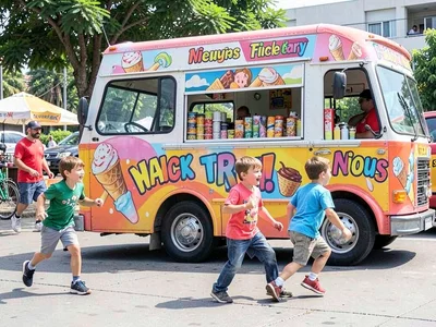 Children chasing ice cream truck