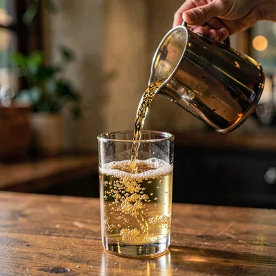 Vertical warm shot of cider being poured from a pitcher into a tumbler, golden b