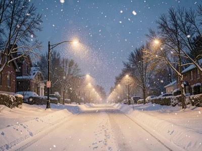 First snow at dusk, flakes visible against streetlights, magical descent