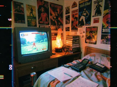A frozen-VHS-quality image of a teenage bedroom from the mid-1990s, CRT televisi