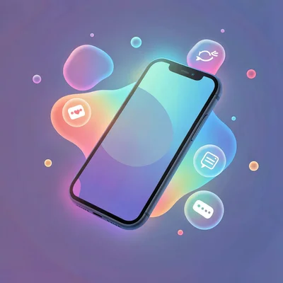 Organic blob gradient illustration, smartphone floating with app bubbles , soft 