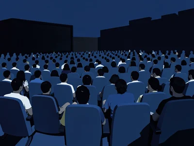 Outdoor cinema crowd at night, chairs as repeating flat shapes in dark blue