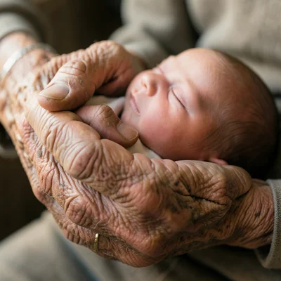 Weathered hands holding a sleeping newborn, the contrast of aged wrinkled skin a
