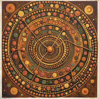 Indigenous Australian dot painting illustration, hand stencils connecting past t