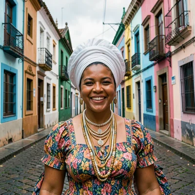 Salvador Pelourinho color, Bahian colonial saturation, A woman in traditional Ba
