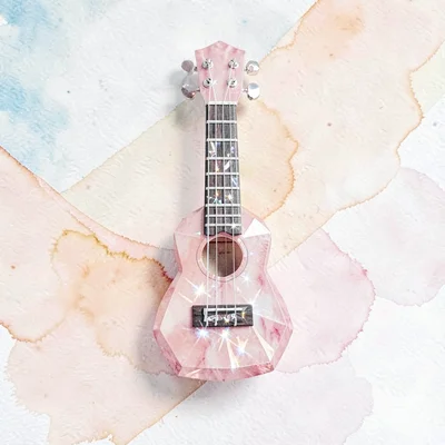 Faceted rose-quartz lowpoly ukulele with a tiny pink body and crystalline frets 