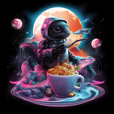 Black t-shirt print detail. Scene exaggerated Evil Ke