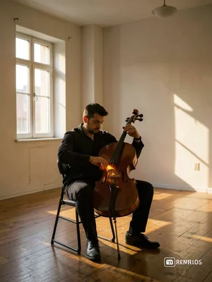 Cellist practicing alone in empty apartment, instrument glowing amber in afterno