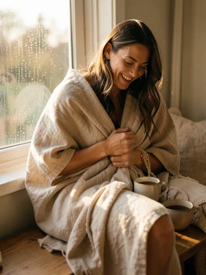 A woman wrapping herself in a linen throw blanket on a window seat, a cup of tea
