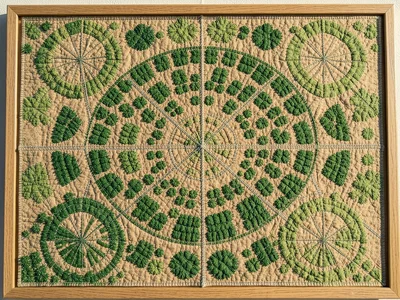 An agricultural landscape viewed as a quilted textile — center-pivot irrigation 