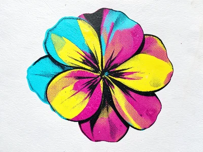 CMYK flower print with cyan plate shifted left, ghost cyan outline visible besid