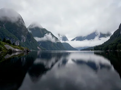 Fjord water as black mirror beneath gray
