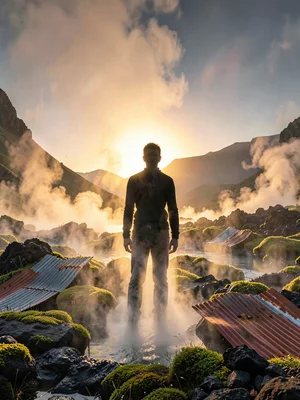 Volcanic otherworldly light in Iceland, a person silhouetted in geothermal steam