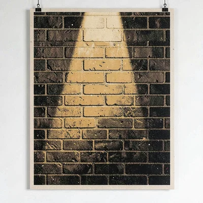 Two-color screenprint poster of a brick wall with a thin spotlight beam, ochre a