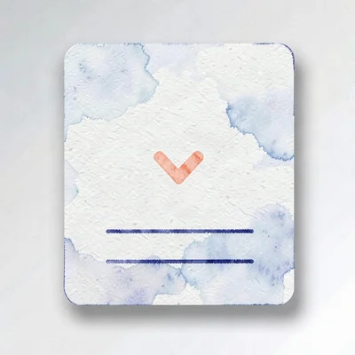 geometric ID-card shape with a small coral chevron and three small horizontal in