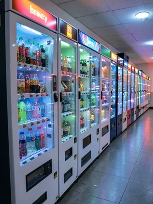 Vending machines lined against a wall receding to infinity, telephoto stacking t
