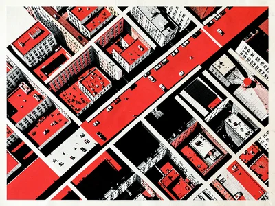 City grid viewed from above, bold graphic shapes, strong diagonal axis