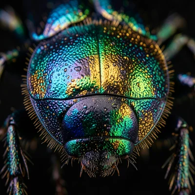 A beetle's iridescent thorax at 10x magnification, structural colors shifting fr