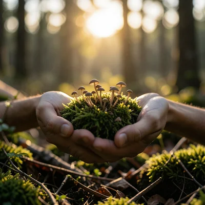 Hands cupped silhouette filled with moss and tiny mushrooms, forest floor, doubl