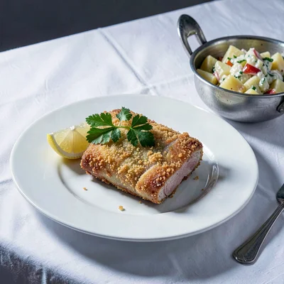 Crisp Alpine clarity, formal composition, Schnitzel on large white plate with le