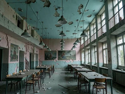 Sanatorium Dining Hall with Peeling Ceiling and Pendant Lights