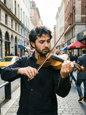 Street musician's violin bow mid-stroke, the sound made visible