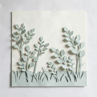 Papercraft composition of a layered paper-cut meadow with sweetbay shrubs across