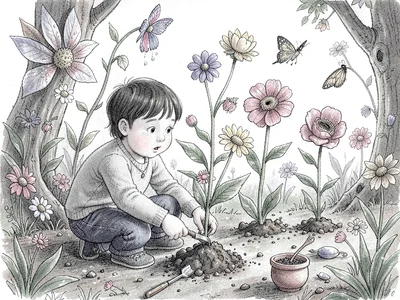 Child planting magical instant flowers