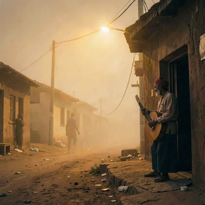 Golden Harmattan dust haze in Bamako, Mali, Kora player in doorway, instrument s