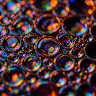 Oil drops on dark water creating cells reflecting orange candlelight, macro