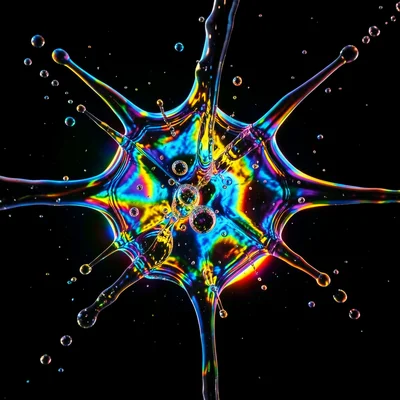 Oil and water close-up with backlit rainbow interference patterns, abstract cell