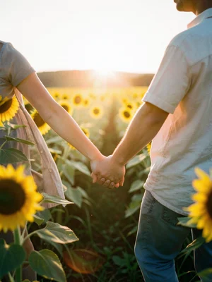 Couple's hands intertwined walking through a sunflower field, backlit, warm glow