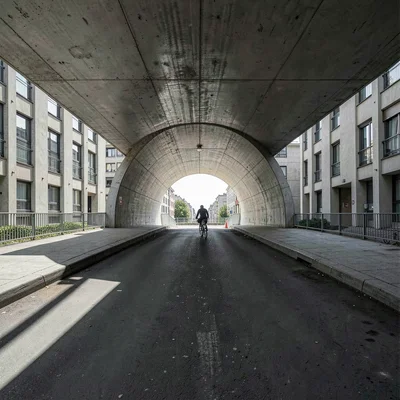 Planned city photography, modernist urbanism, A vehicular underpass with pedestr
