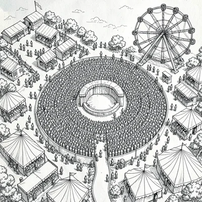 A festival fairground map with food-stall clusters in tight ink, a central stage