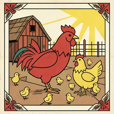 Barnyard Morning with Rooster and Chicks