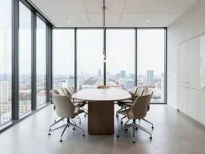 Conference room with floor-to-ceiling windows overlooking a city, empty chairs a