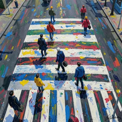 Pedestrian crosswalk from above, impressionist figures as color daubs, zebra str